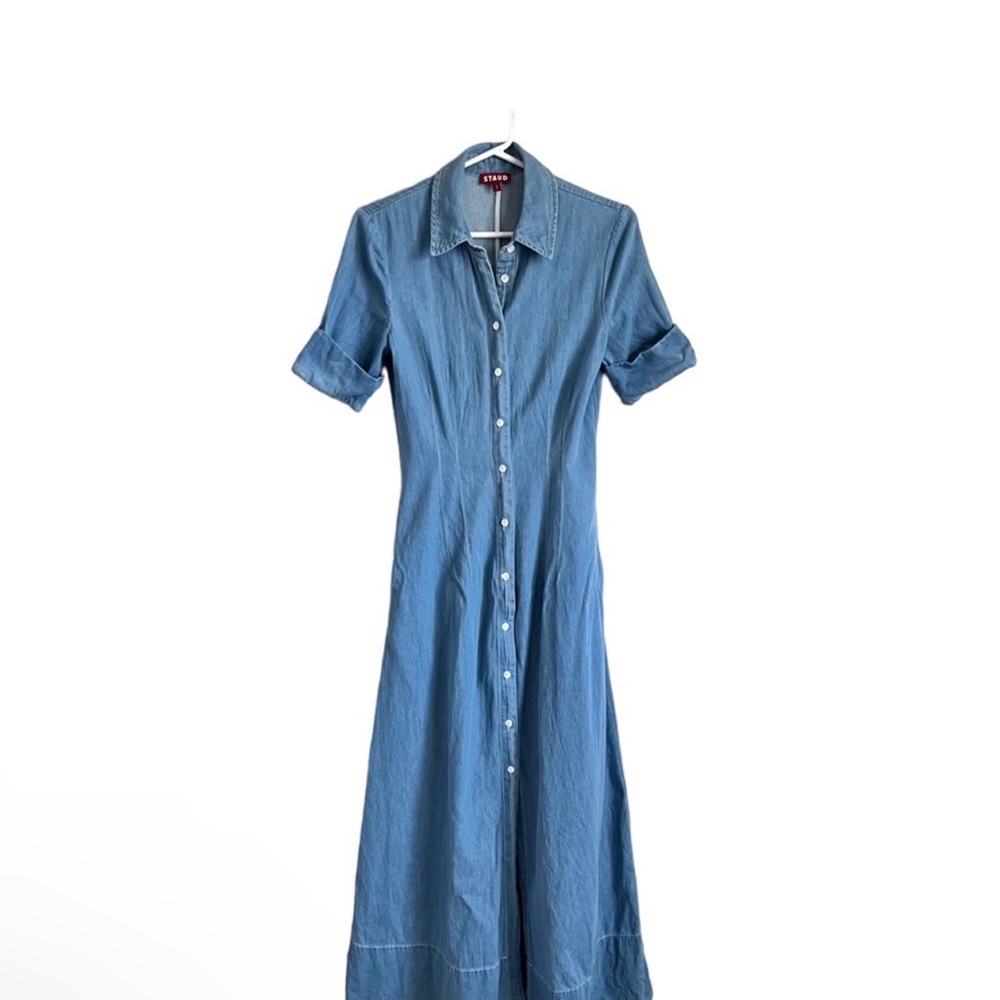 STAUD Joan Light Wash Denim Shirt Dress Maxi Short Sleeve Blue Western Women’s 2